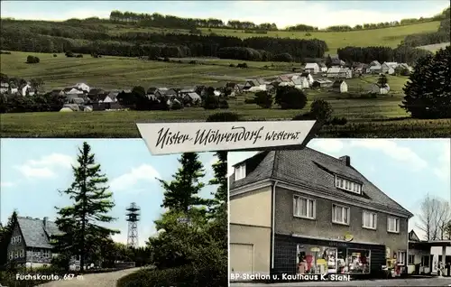 Ak Nister Möhrendorf im Westerwald, Panorama, Fuchskaute, BP-Station u. Kaufhaus K. Stahl