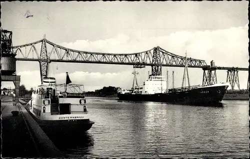 Ak Rendsburg in Schleswig Holstein, Hochbrücke, Schiff Düsternbrook, Frachtschiff Hödur