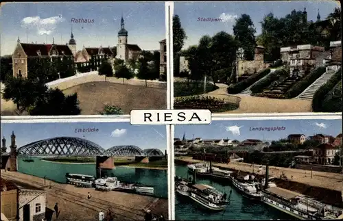 Ak Riesa an der Elbe Sachsen, Rathaus, Stadtpark, Elbbrücke, Landungsplatz, Elbdampfer