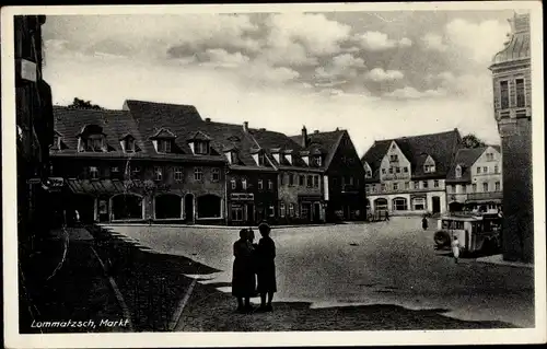 Ak Lommatzsch Sachsen, Markt, Friseursalon, Cafe Risse, Volkmanndenkmal, Kriegerdenkmal