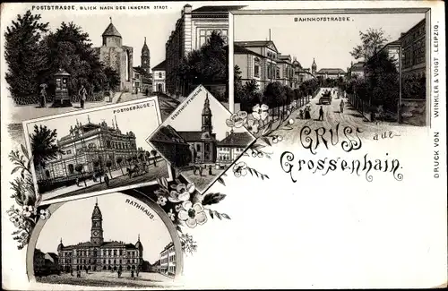 Litho Großenhain in Sachsen, Poststraße, Rathaus, Postgebäude, Bahnhofstraße, Stadthauptkirche