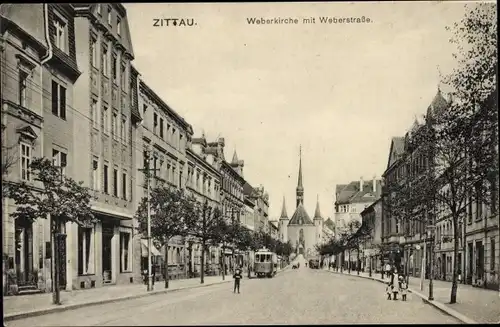 Ak Zittau in Sachsen, Weberstraße, Weberkirche, Straßenbahn