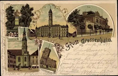 Litho Großenhain in Sachsen, Bismarck Denkmal, Post, Rathaus, Kirche, Kaiser Wilhelm Denkmal