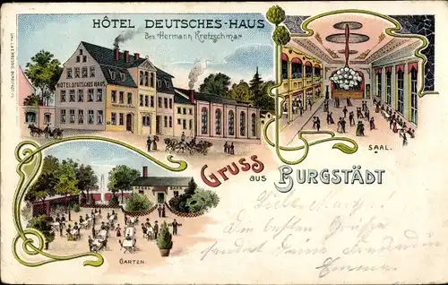 Litho Burgstädt in Sachsen, Hotel Deutsches Haus, Saal, Garten