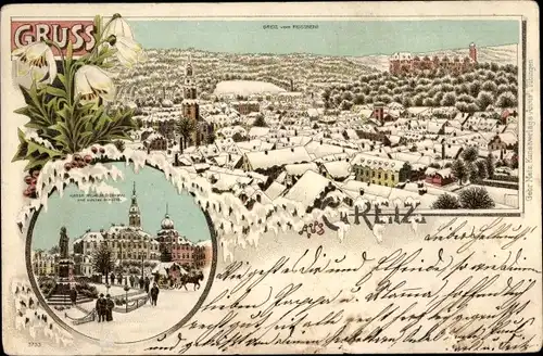 Winter Litho Greiz im Vogtland, Gesamtansicht, Kaiser Wilhelm Denkmal