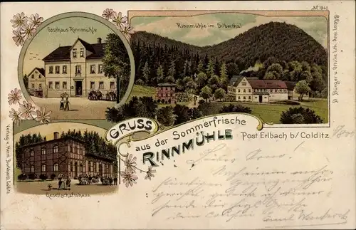 Litho Erlbach Colditz in Sachsen, Gasthaus Rinnmühle, Silberthal, Gesellschaftshaus