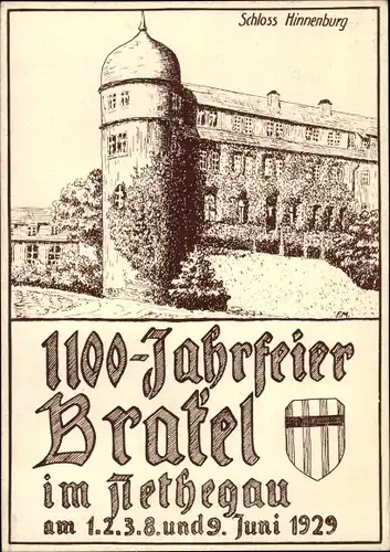 Künstler Ak Brakel im Nethegau Westfalen, 1100 Jahrfeier 1929, Schloss Hinnenburg