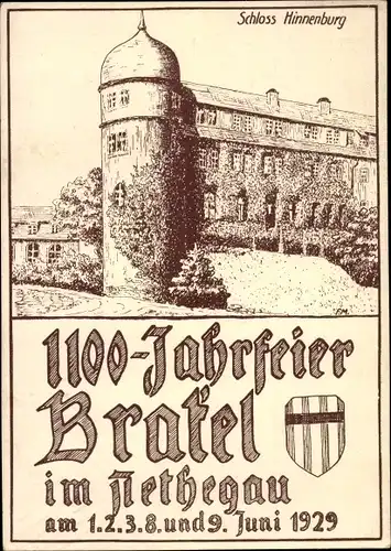 Künstler Ak Brakel im Nethegau Westfalen, 1100 Jahrfeier 1929, Schloss Hinnenburg