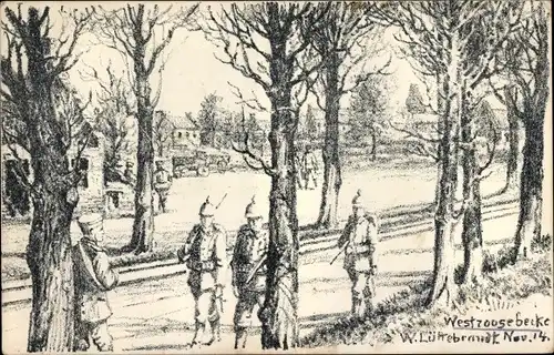 Künstler Ak Lühebrandt, W., Westrozebeke Westroosebeke Westflandern, deutsche Soldaten, Nov. 1914