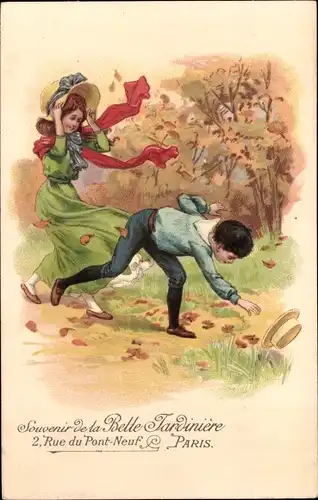 Litho Paris, Belle Jardiniere, 2, Rue du Pont Neuf, Liebespaar, Spaziergang