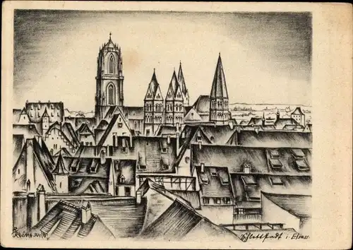 Künstler Ak Reimsch, Sélestat Schlettstadt Elsass Bas Rhin, St. Georgsmünster und St. Fideskirche