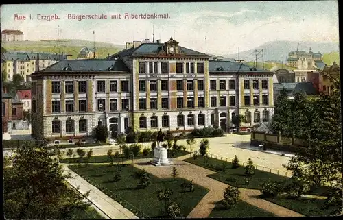 Ak Aue im Erzgebirge Sachsen, Bürgerschule mit Albertdenkmal