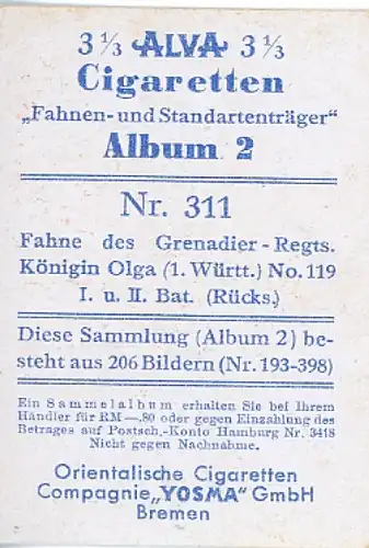 Sammelbild Fahnen und Standartenträger Album 2 Nr. 311 Grenadier-Rgt. Königin Olga 1. Württ. No. 119