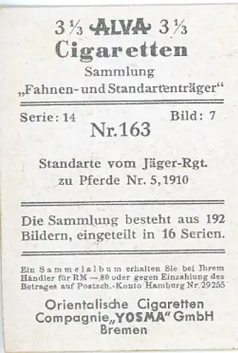 Sammelbild Fahnen- und Standartenträger, Serie 14 Bild 7 Nr. 163, Jäger Rgt. zu Pferd Nr. 5, 1910