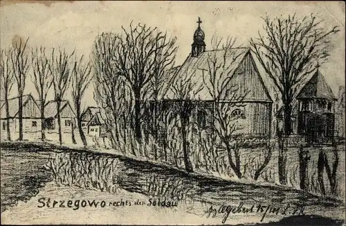 Foto Ak Strzegowo Ostpreußen, Ortsansicht, Kirche, 1. WK