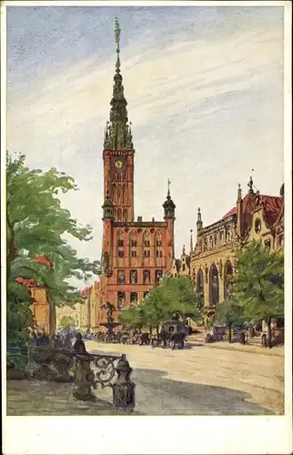 Künstler Ak Hellingrath, B., Gdańsk Danzig, Langer Markt mit Rathaus