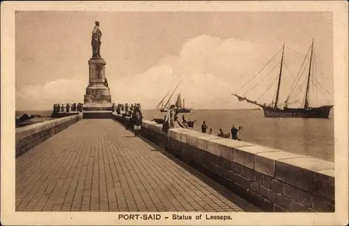 Ak Port Said Ägypten, Statue de Ferdinand de Lesseps, Segelschiff