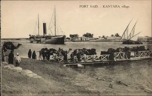 Ak El Kantara Ägypten, Dampfschiff, Kamele auf dem Steg, Segelboote