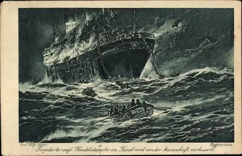 Künstler Ak Stöwer, Willy, Torpedierter engl. Handelsdampfer wird von der Mannschaft verlassen