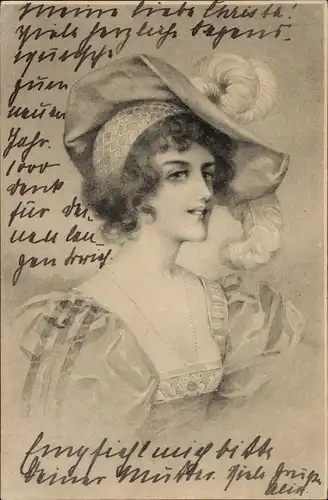 Ak Portrait einer Frau mit Federhut