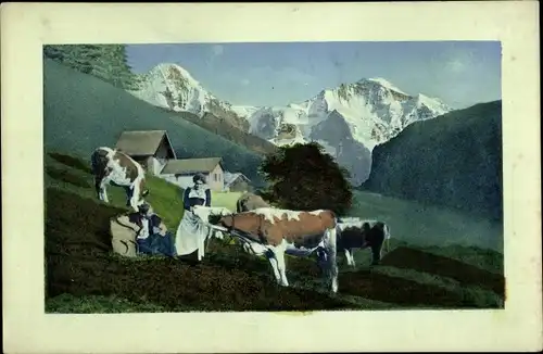 Ak Gebirgslandschaft mit Hütten und Rindern