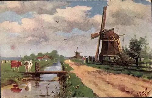 Künstler Ak Oudes, J., Niederlande, Windmühlen, Kanal, Kuhweide