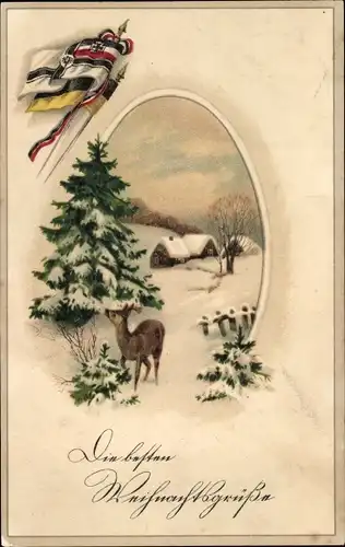Ak Glückwunsch Weihnachten, Winterlandschaft, Reh, Fahnen