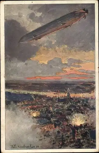 Künstler Ak von Eckenbrecher, Themistokles, Zeppelin über Antwerpen, Schlacht, I. WK