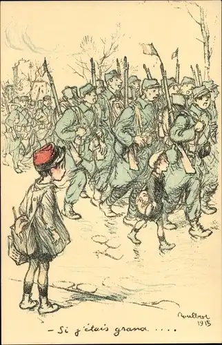 Künstler Ak Poulbot, Francisque, Junge beobachtet marschierende Soldaten
