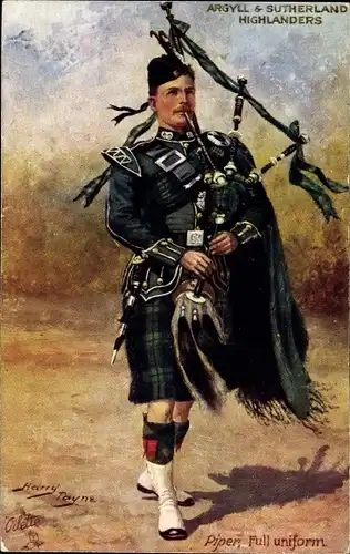 Künstler Ak Payne,Argyll and Sutherland Highlanders,Piper, full uniform, Schotte mit Dudelsack, Kilt