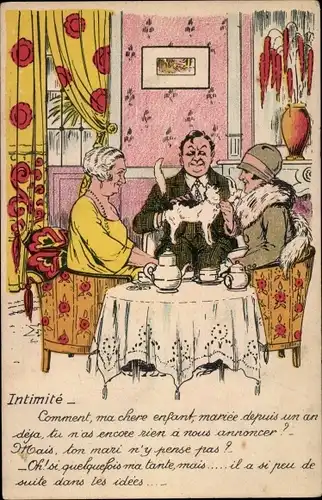 Künstler Ak Intimite, Personen am Kaffeetisch, Katze