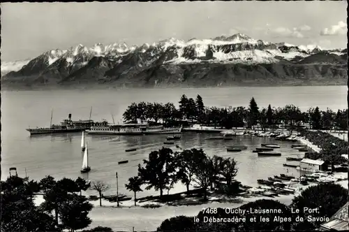 Ak Ouchy Lausanne Kanton Waadt, Le Port, le Débarcadère et les Alpes de Savoie