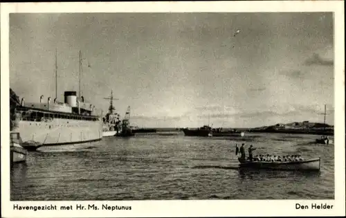 Ak Den Helder Nordholland Niederlande, Hr. Ms. Neptunus, Dampfschiff am Hafen, Motorboot