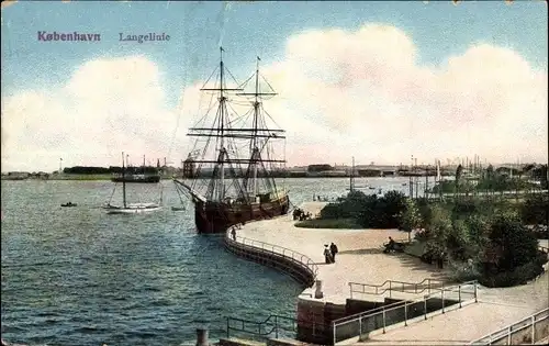 Ak København Kopenhagen Dänemark, Langelinie, Segelschiff am Anleger