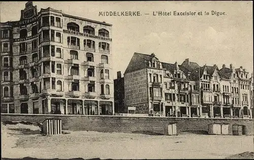 Ak Middelkerke Westflandern, L'Hotel Excelsior et la Digue, Strandpromenade