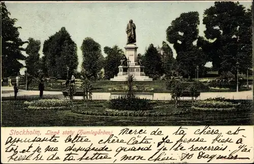 Ak Stockholm Schweden, Linné staty Humlegarden, Denkmal