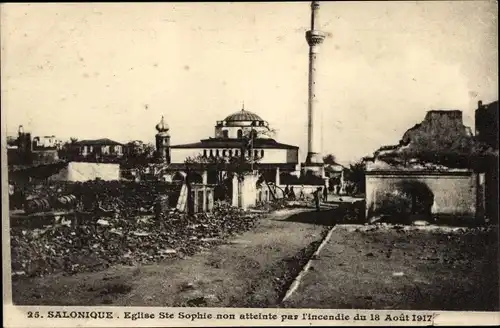 Ak Thessaloniki Griechenland, Eglise Ste Sophie, I. WK. Zerstörung, Brand
