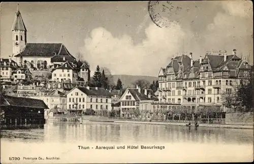 Ak Thun Kanton Bern Schweiz, Aarequai und Hotel Beaurivage