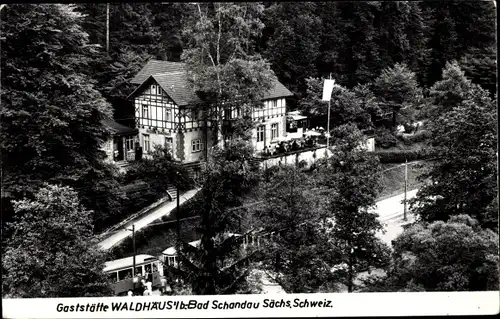 Ak Bad Schandau Sächsische Schweiz, Gaststätte Waldhäusl, Terrasse, Tram