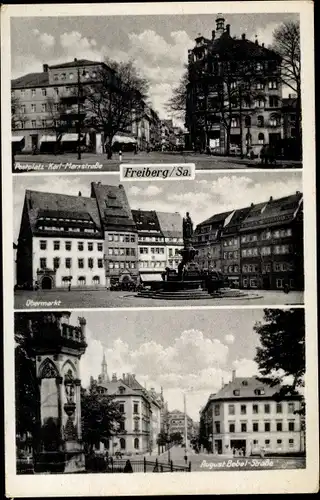 Ak Freiberg in Sachsen, Postplatz Karl Marxstraße, August Bebel Straße, Obermarkt