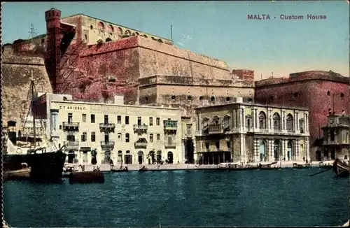 Ak Malta, Custom House, Zollamt am Hafen, Festungsmauern