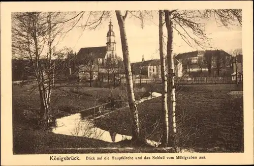 Ak Königsbrück in der Oberlausitz, Hauptkirche und das Schloss vom Mühlgraben aus