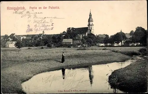 Ak Königsbrück in der Oberlausitz, Partie an der Pulsnitz, Kirche