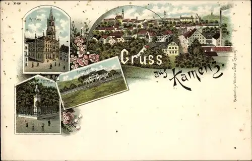 Litho Kamenz, Lessing Stift und Denkmal, Rathaus