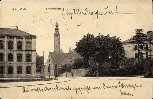 Ak Zittau in der Oberlausitz, Klosterstraße, Kirchturm, Häuserfassaden