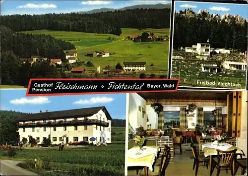 Ak Fichtental Prackenbach in Niederbayern, Gasthof Fleischmann, Freibad Viechtach