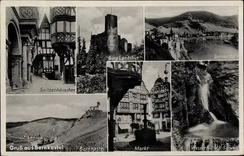 Ak Bernkastel Kues an der Mosel, Burg Landshut, Spitzenhäuschen, Wasserfall, Markt