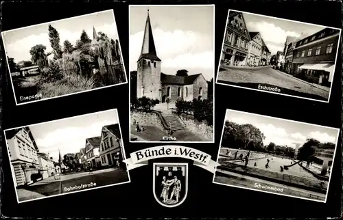 Wappen Ak Bünde in Westfalen, Eschstraße, Bahnhofstraße, Schwimmbad, Flusspartie