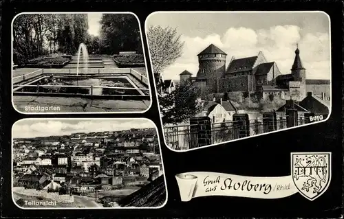 Ak Stolberg im Rheinland, Stadtgarten, Burg, Teilansicht, Wappen