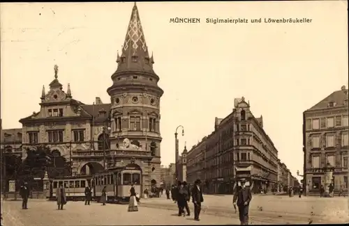 Ak München Bayern, Stiglmaierplatz und Löwenbräukeller, Straßenbahn